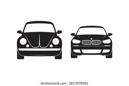 Car silhouettes, front perspective, classic beetle and modern sedan. Vector graphics.