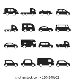 Car silhouettes icon. Type of transport minivan truck suv micro van vector black symbols