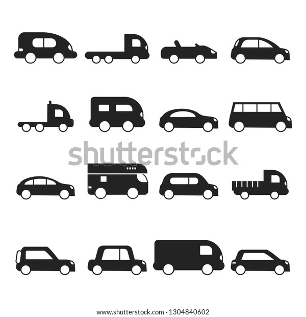 Car silhouettes icon. Type of\
transport minivan truck suv micro van vector black\
symbols