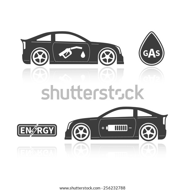 Car\
silhouettes isolated on white background. Gas car and eco car. \
Ã?Â�Ã?Â¡oncept alternatives. Vector\
illustration
