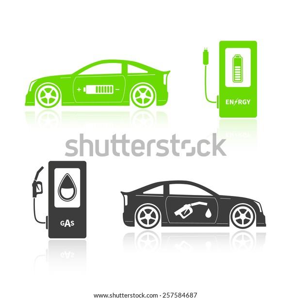 Car\
silhouettes isolated on white background. Gas car and eco car. \
Ã?Â�Ã?Â¡oncept alternatives. Vector\
illustration