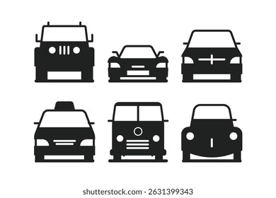Car silhouettes set. Cars front view. Travel icon set. Vector editable icons. Black color icon on white background.