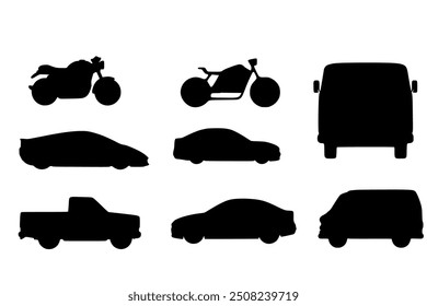 Car Silhouettes,Transportation Icons,Silhouette cars on a white background. cars silhouettes with different poses isolated. old and new cars icons
