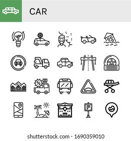 car simple icons set. Contains such icons as Limousine, Clean energy, Car, Air pollution, Convertible, Flood, Traffic sign, Tow, Highway, can be used for web, mobile and logo