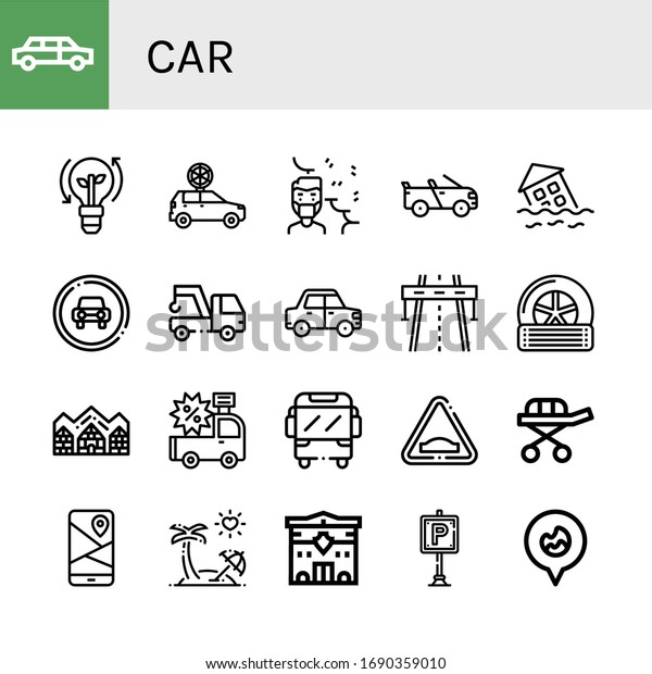 car simple icons\
set. Contains such icons as Limousine, Clean energy, Car, Air\
pollution, Convertible, Flood, Traffic sign, Tow, Highway, can be\
used for web, mobile and\
logo