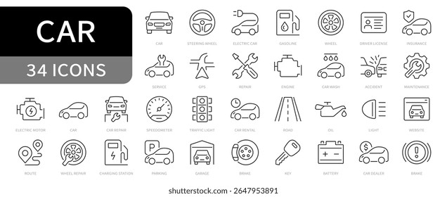Car simple line icons set. Auto repair, car service, vehicle, maintenance, wheel, engine, parking, garage editable stroke icon. vector