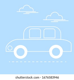 Car, Simple linear drawing on a blue background, Transport, Editable stroke. Way to travel