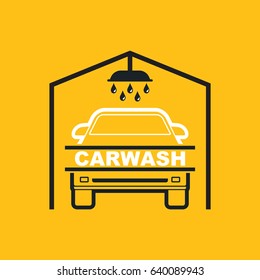 Car sink badge. A shower with water drops, flowing on the car on a yellow background with a black substrate.Vector illustration in a flat style.