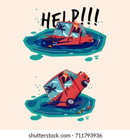 Car sinking on water in water. car accident - vector illustration