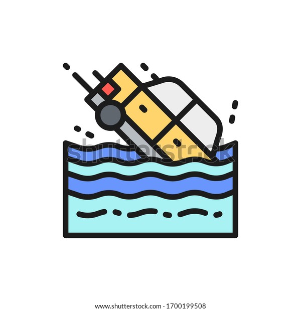 Car sinks in water\
flat color line icon.