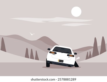 A car sits stranded in a serene spruce landscape, its wheel detached on a rugged path, Rolling hills and bright sunlight contrast with the unexpected roadside mishap in the peaceful wilderness