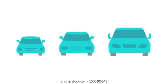 Car size. Small, medium and large. Transfer variation. Taxi options. Front view. Blue vector icons.