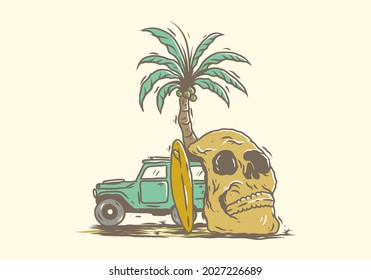 Car and skeleton head on the beach vintage illustration drawing design