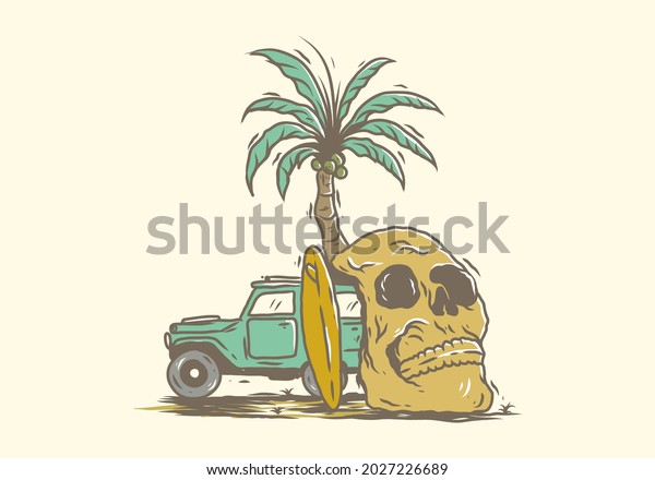 Car and skeleton head on the beach vintage\
illustration drawing\
design