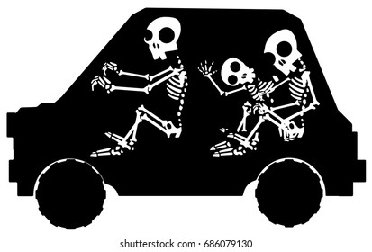 Car Skeletons stylized stencil black, vector illustration, horizontal, isolated