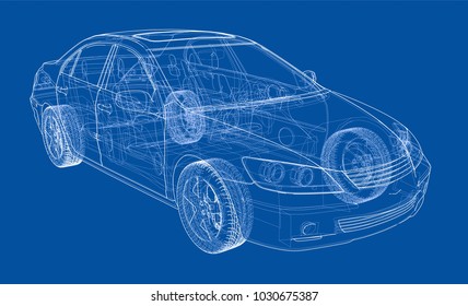 Car sketch. Vector rendering of 3d. Wire-frame style. The layers of visible and invisible lines are separated