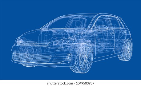 Car sketch. Vector rendering of 3d. Wire-frame style. The layers of visible and invisible lines are separated