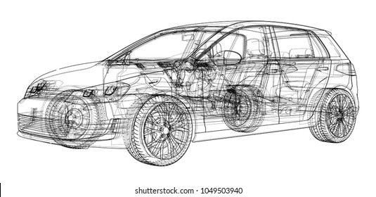 Car sketch. Vector rendering of 3d. Wire-frame style. The layers of visible and invisible lines are separated