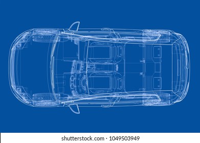 Car sketch. Vector rendering of 3d. Wire-frame style. The layers of visible and invisible lines are separated