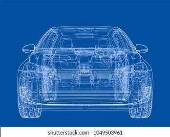 Car sketch. Vector rendering of 3d. Wire-frame style. The layers of visible and invisible lines are separated