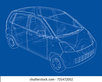 Car sketch. Vector rendering of 3d. Wire-frame style. The layers of visible and invisible lines are separated