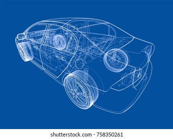 Car sketch. Vector rendering of 3d. Wire-frame style. The layers of visible and invisible lines are separated