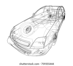 Car sketch. Vector rendering of 3d. Wire-frame style. The layers of visible and invisible lines are separated