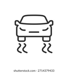 Coche con marcas de deslizamiento, icono lineal. Advertencia de carretera resbaladiza. Línea con trazo editable.