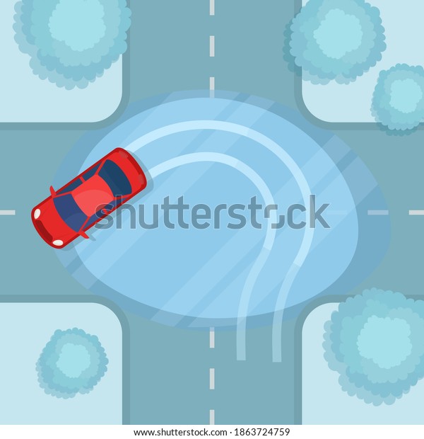 The car skidded at a\
crossroads in winter. The car glides on the ice at the\
intersection. Drifting auto on snowy road. Vector illustration,\
flat design, cartoon\
style.