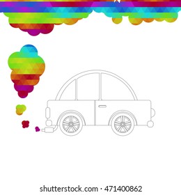 Car skirted by black line and no fill releasing colored smoke from the escape pipe. White background.