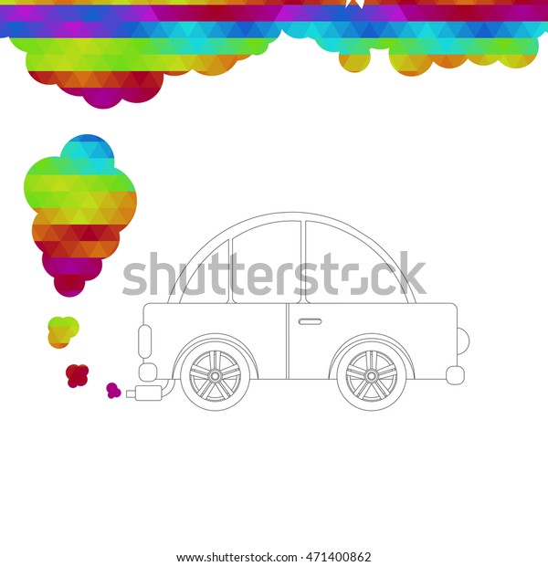 Car skirted by black line\
and no fill releasing colored smoke from the escape pipe. White\
background.
