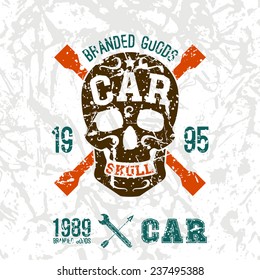 Car skull emblem in retro style. Graphic design for t-shirt. Color print on a white background