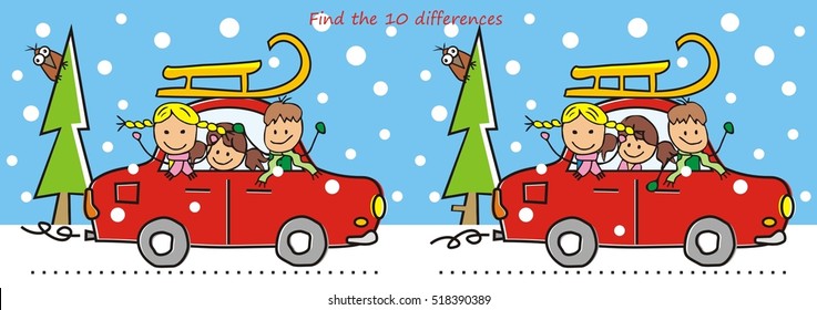 car and sledge, board game, find ten differences, vector illustrtion