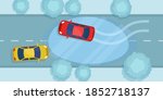 The car slides on the ice on the road. The car skidded on a snowy road. Dangerous driving in winter. Vector illustration, flat design, top view.