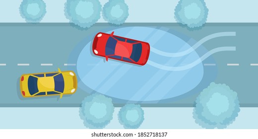 El coche se desliza sobre el hielo de la carretera. El auto se deslizó en un camino nevado. Conducción peligrosa en invierno. Ilustración vectorial, diseño plano, vista superior.