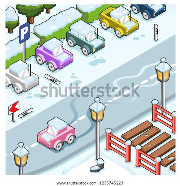 Car sliding on street\
covered with ice next to parking lot in wintertime (isometric\
illustration)