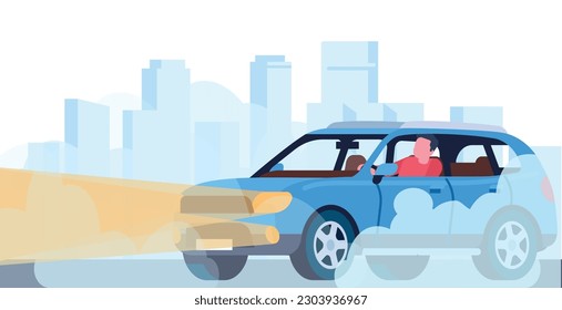 Car slowly drives down road in heavy fog with headlights on. Sedan automobile with bright lights urban landscape. Auto with glowing xenon lamps cartoon flat style