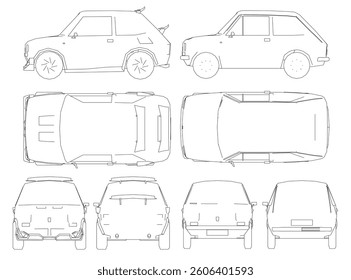 The car is a small, compact vehicle with a sleek design. It has a sporty look and is likely to be a high-performance car. The car is white and has a black stripe down the middle