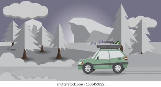 Car for a small family with bags and accessories. Traveling during the snow season. On the way there are pine trees and grass. And the high ones are far away.