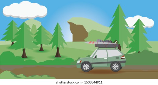 Car for a small family with bags and accessories. Traveling during the spring season. On the way there are pine trees and grass. And the high mountains are far away