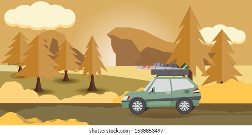 Car for a small family with bags and accessories. Traveling during the autumn season. On the way there are pine trees and grass. And the high mountains are far away