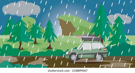 Car for a small family with bags and accessories. Traveling during the rainy season. On the way there are pine trees and grass. And the high mountains are far away. With on the flooded streets.