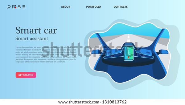Car smart assistant. Car interior. Autonomous car\
goes on the highway ahead to the horizon, towards the city. The\
display shows information about the vehicle is GPS, travel, mobile\
app. Future concept