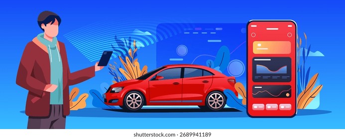 Coche tecnología inteligente App móvil concepto de control hombre que sostiene el teléfono inteligente rojo sedán digital tablero de instrumentos interfaz moderno fondo azul