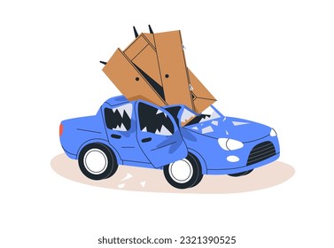 Car smashed by furniture. Cupboard fallen on auto top, hitting roof, breaking windows. Destroyed broken injured vehicle, shattered glass shards. Flat vector illustration isolated on white background