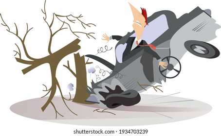 Car smashed into a tree isolated illustration. 
Man in the crashed car with a steering wheel smashed into a tree isolated on white illustration
