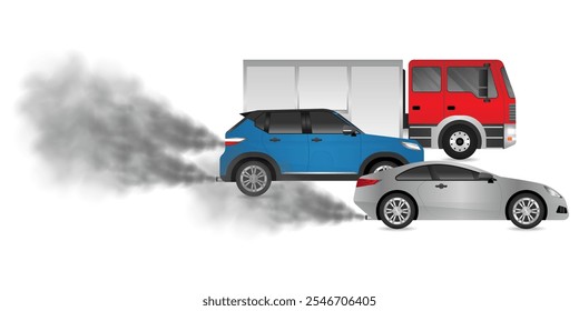 Car with Smoke. Car Air Pollution. Vector Illustration. 