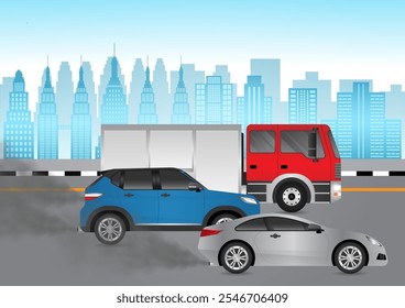 Car with Smoke. Car Air Pollution. Vector Illustration. 