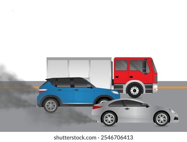 Car with Smoke. Car Air Pollution. Vector Illustration. 