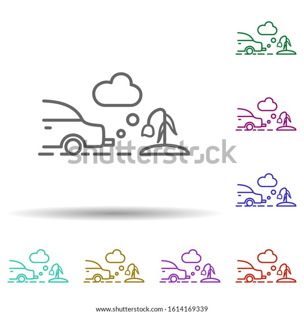 Car, smoke clouds, pale\
flower in multi color style in multi color style icon. Simple thin\
line, outline vector of car harmful gases icons for ui and ux,\
website or mobile